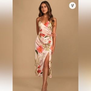 Lulus Size Small Pink Floral Print Satin Midi Dress- Brand New With Tags